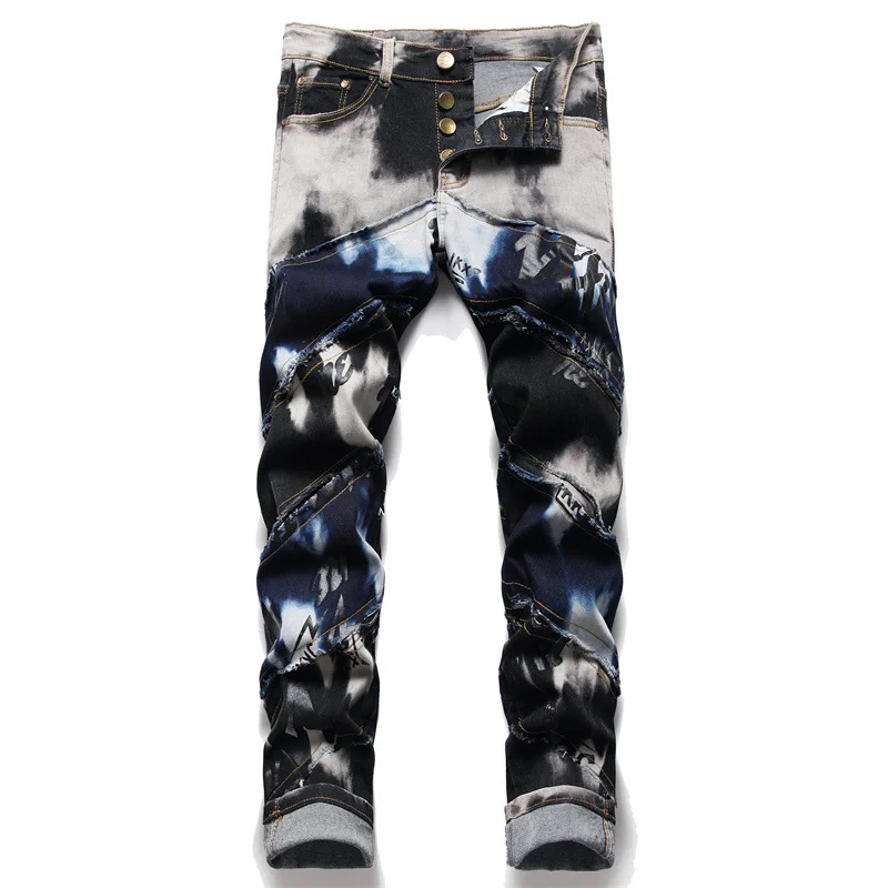 

Men Patchwork Jeans Trendy Button Fly Letters Print Stretch Denim Pants Tie Dye Spliced Slim Straight Trousers