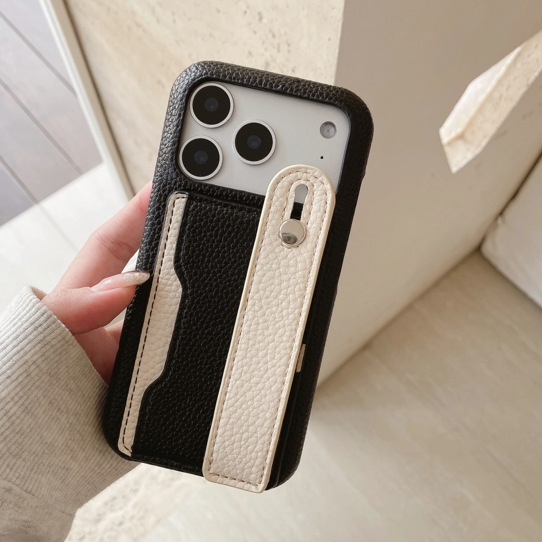 Dual-Tone Leather Shockproof Phone Case with Detachable Wrist Strap & RFID-Blocking Card Slot