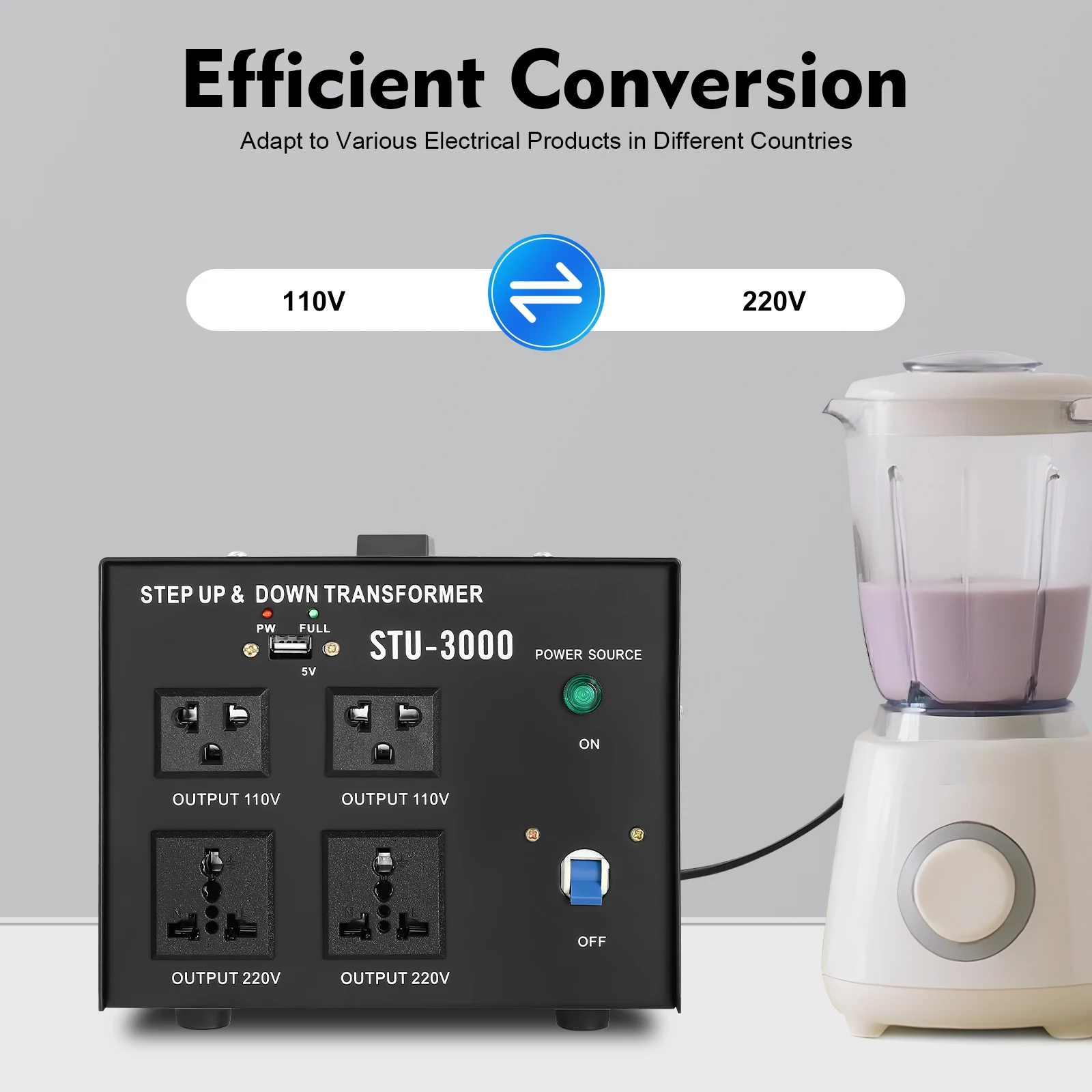 3000W Voltage Converter with Plug STU-3000 Voltage Converter Transformer Input Voltage Selector 110V / 200V / 220V / 240V Black
