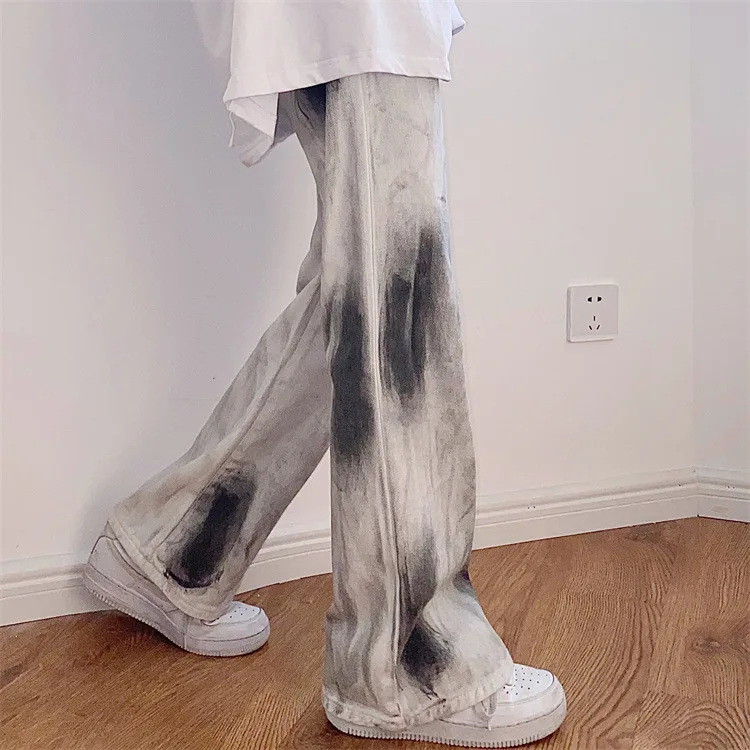 Large Size Women's Splash-Ink Tie-Dyed Jeans High Waist Slimming Drape Wide Leg Straight Long Pants cyber fashion low rise jeans