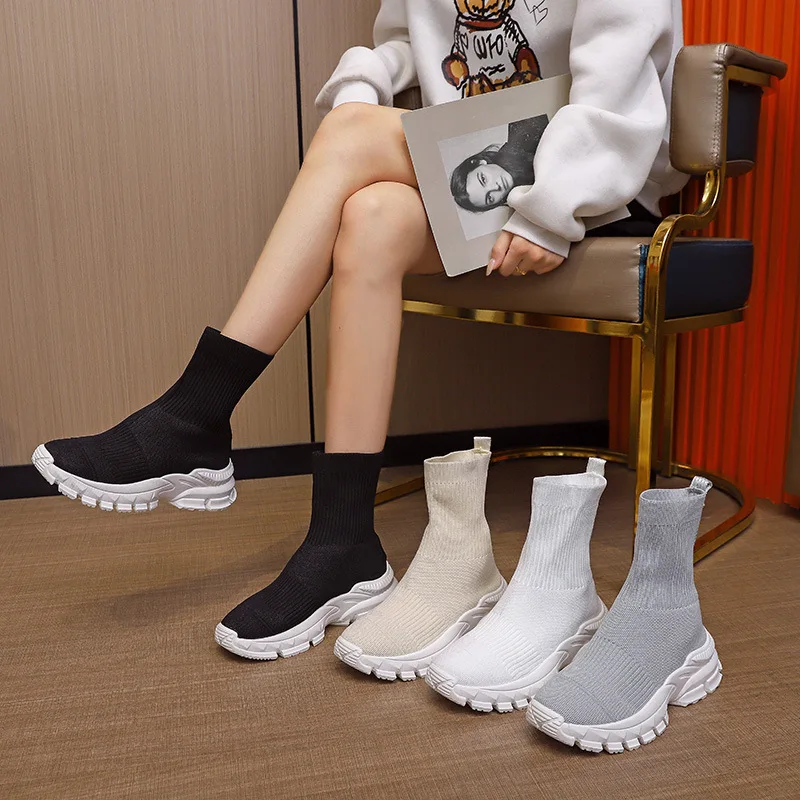 Spring Autumn Sneakers Women Thick Bottom Mesh Breathable High-top Socks Sneakers Woman Fashion Ladies Platform Shoes Sneakers