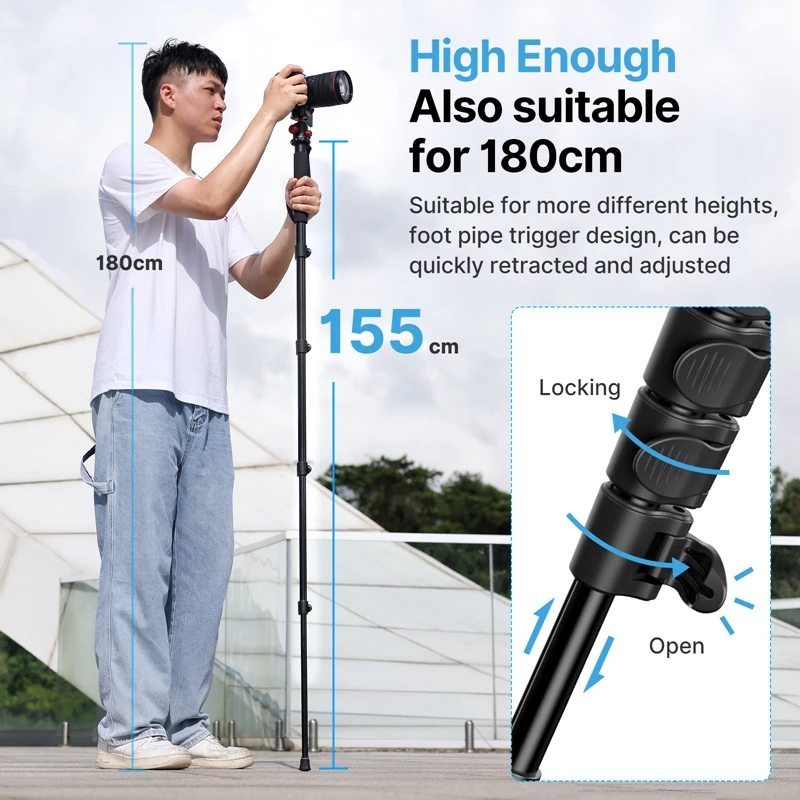 Ulanzi Lightweight Monopod Aluminium DSLR Camera Tripod for  1/4''3/8'' Hiking Travel Selfie Stick Max 155cm Extend 5KG Load