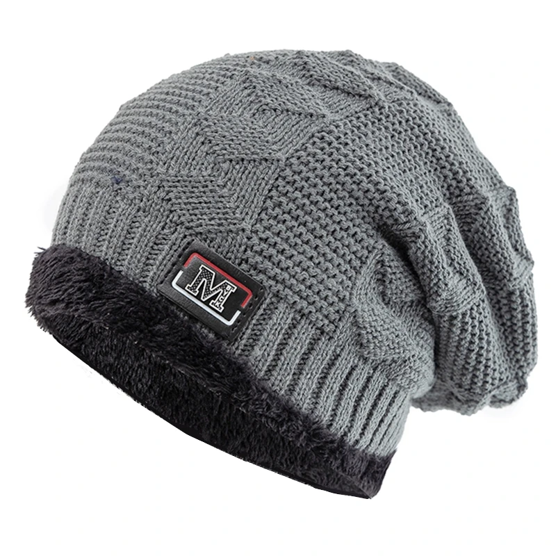 New Unisex Warm Winter Hat Fashion M Letter Label Knitted Hats For Men & Women Add Fur Lined Thick Ski Beanie Bonnet Cap