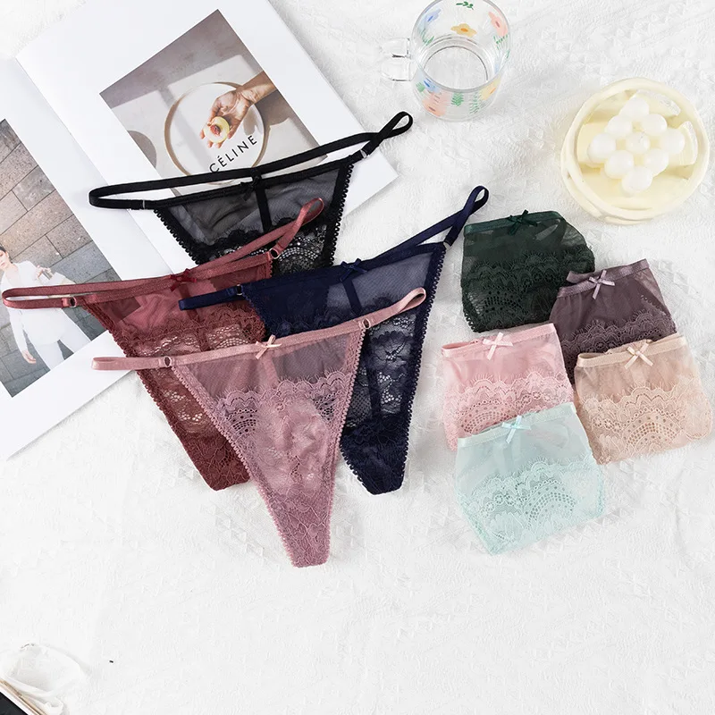 

Sexy Femme Transparent Lace G String Thongs Women See Through Strap Waist Cute Bow Invisible V String T Panties Underwear Girls