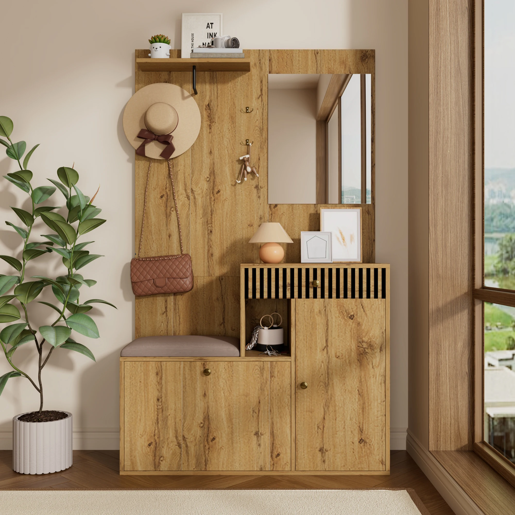 Kleiderschrank-Set, kompakter Kleiderschrank, Flurschrank mit Spiegel und gepolsterten Kissen, Flurschrank, Wandeinheit, Regal – Detail 12