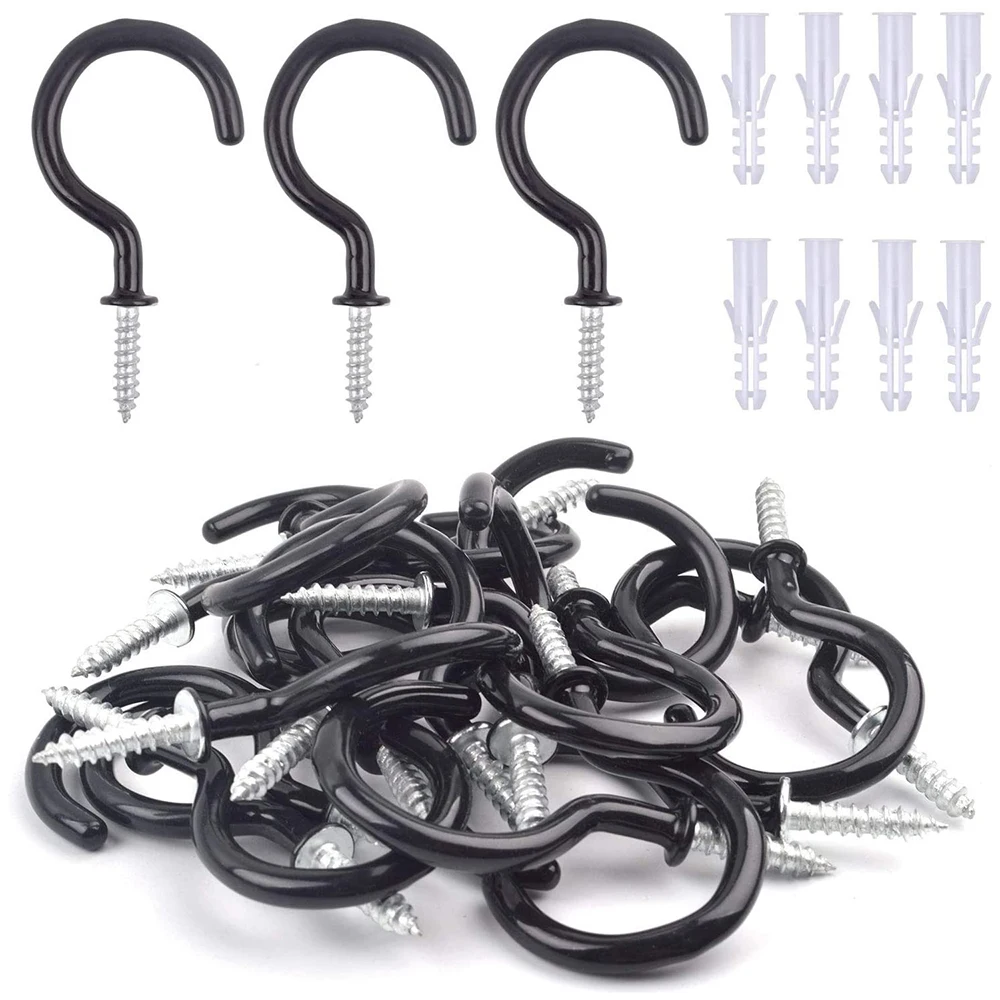 

20pcs Screw-in Ceiling Hooks Vinyl Coated Cup Hook Holder with 20 ps Plastic Wall Plugs for Coffee Tea Cups Mugs Plants, Black