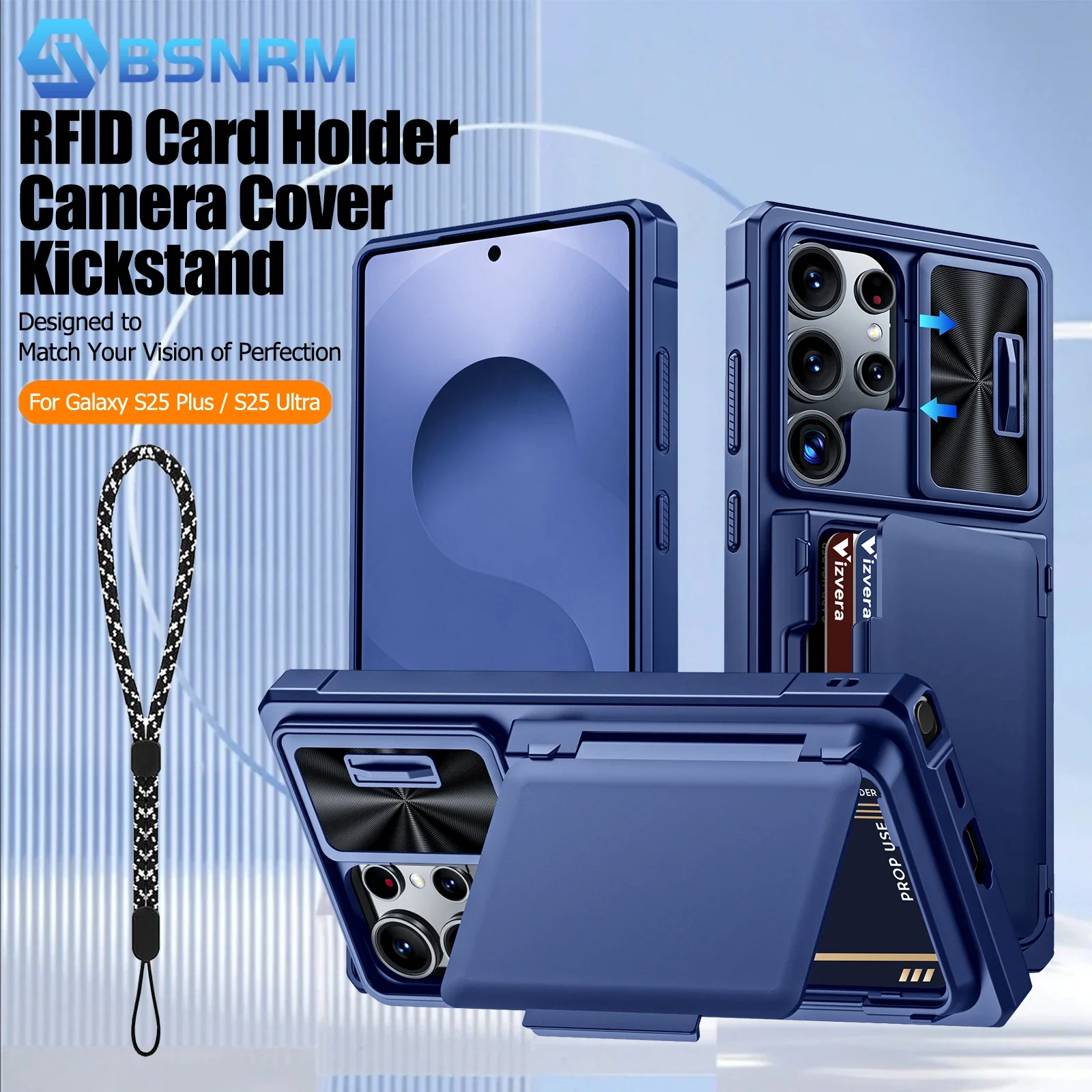 Rugged Blue Silicone Protective Phone Case with Wallet and RFID Card Holder & Camera Cover