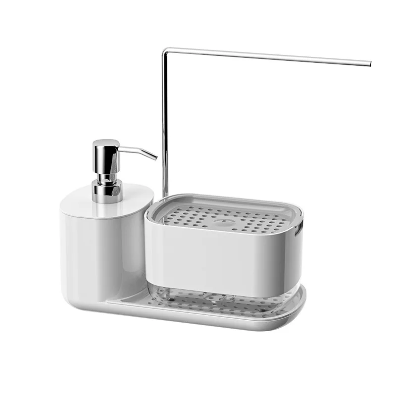 3 In 1 Kitchen Soap Dispenser Liquid Soap Pump Container With Sponge Holder Stainless Steel Towel Rack Sink Drain Tray