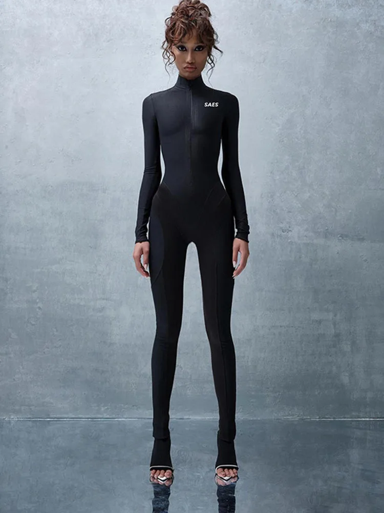 

Sibybo Solidt Trend Street Style Jumpsuits Show Slim Small Letter Print Half High Neck Long Sleeve Zipper Casual Sports Jumpsuit