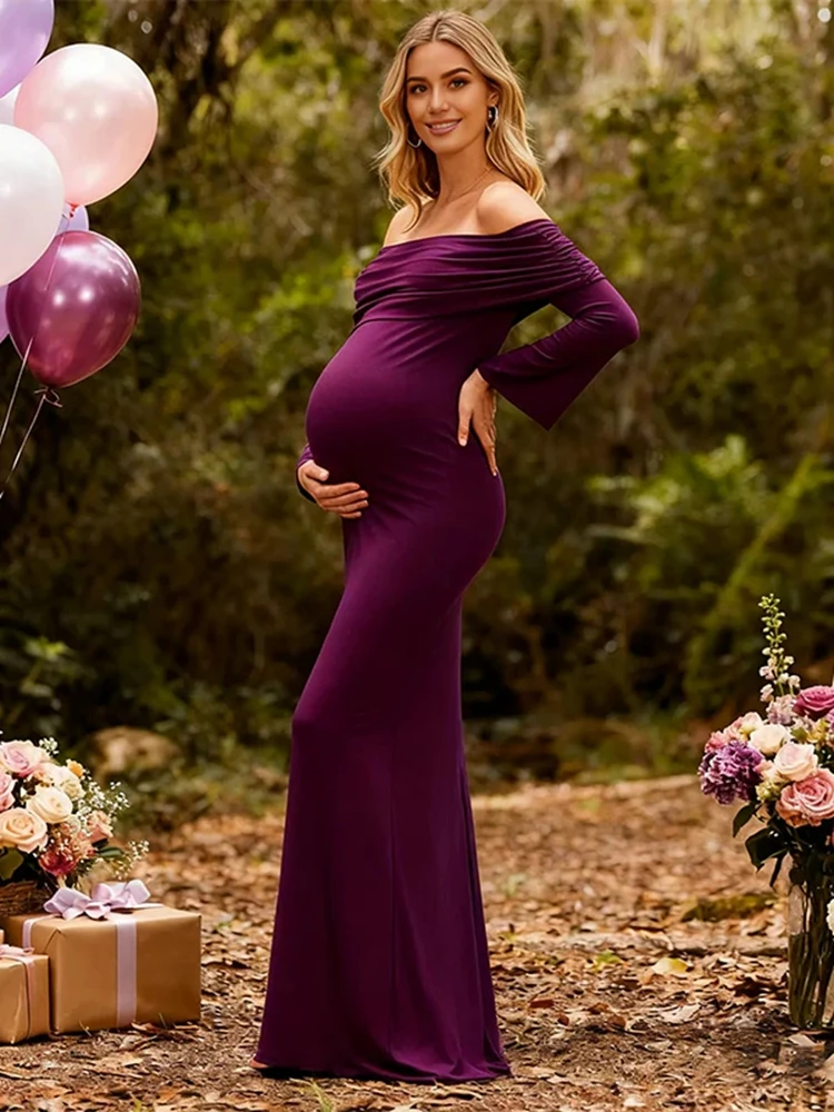 Maternity Deep Purple Off Shoulder Ruched Long Sleeve Side Slit Pregnancy Photo Dress Elegant Baby Shower Gown for Photoshoot 4 S66f9f92d3a104a72a6ceb785a61bc92dg
