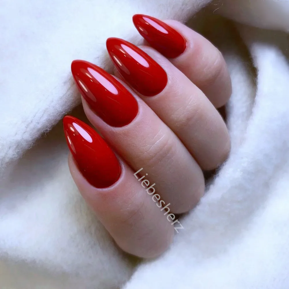 24Pcs Press On Fake Nail With Jelly Glue Shiny Wine Red Short Stiletto False Nails Lady Daily Wear Manicure Tools