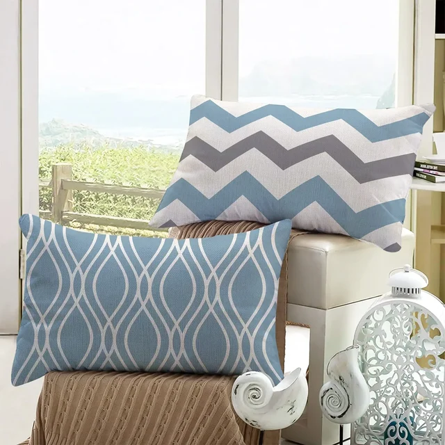 Lake Blue & White Geometric Linen Pillowcase – Customizable Sofa Cushion Cover 5