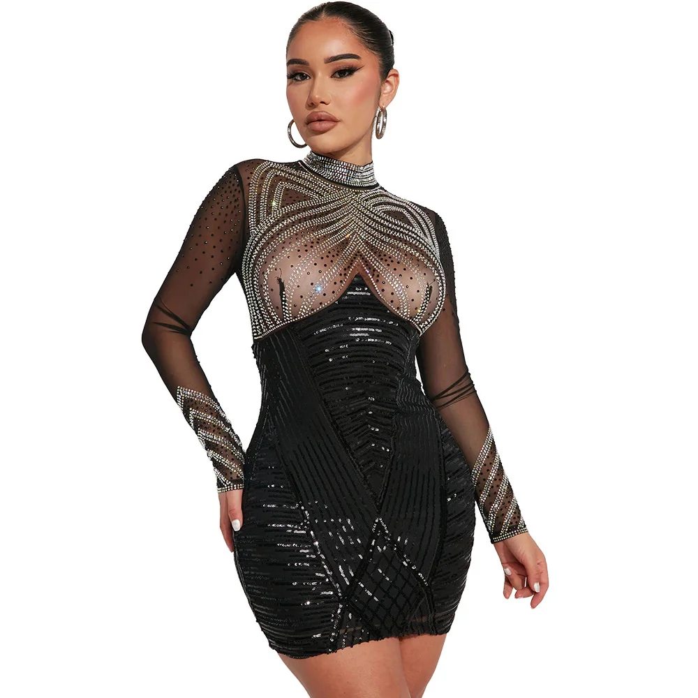 

Zoctuo Vestido Dresses Women Elegant Patchwork Sequin Dress New Night Evening Back Zipper Sheer Mesh Diamonds Short Skirts Party
