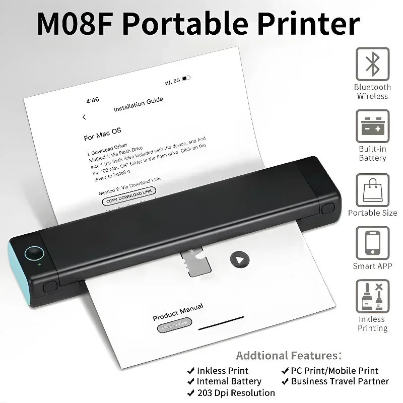 M08F A4 Portable Thermal Printer 8.26"x11.69" A4 Thermal Paper Wireless Mobile Travel Printer Android iOS Laptop Printer