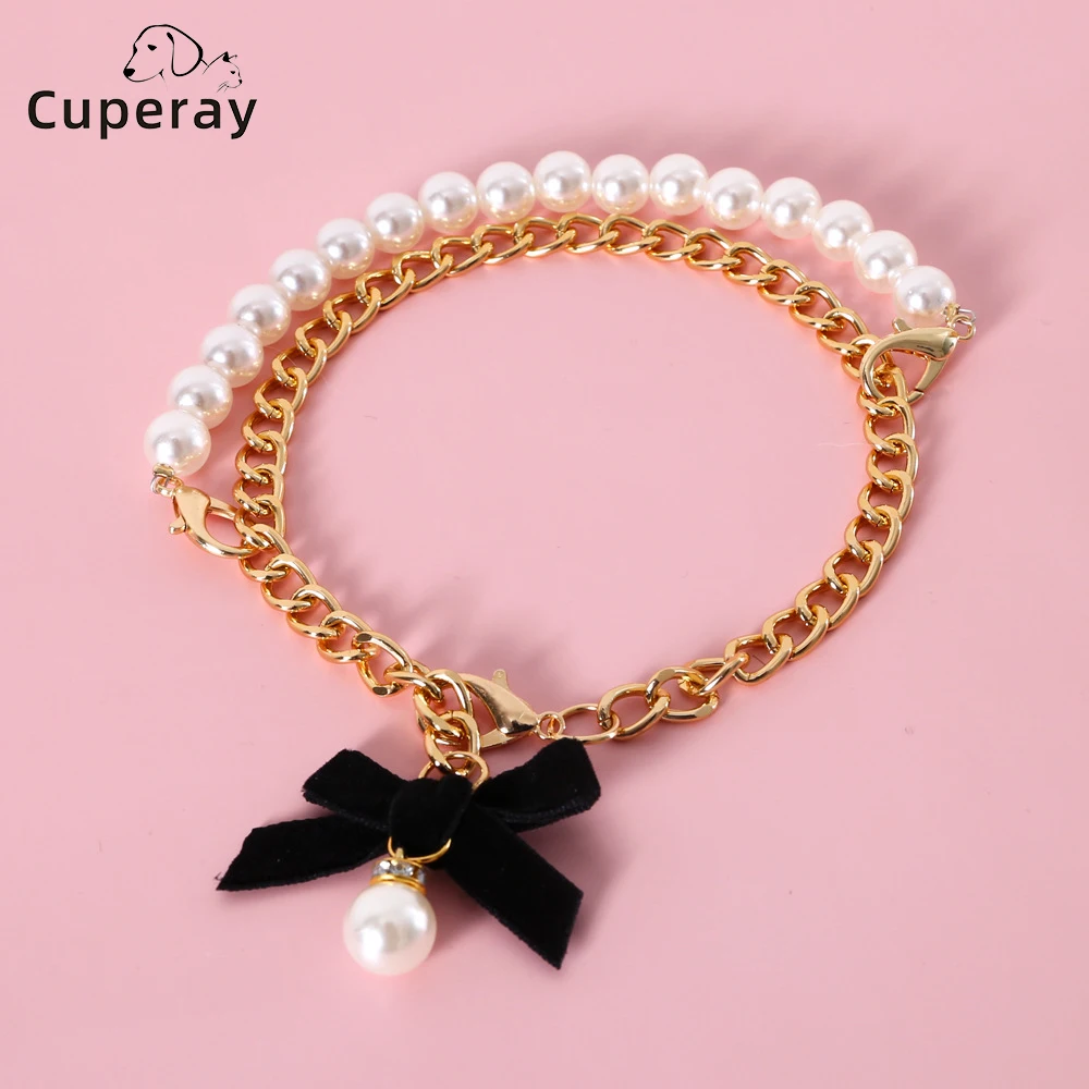 

Cat Collar Necklace Stainless Steel Vintage Metal Pet Necklace with Pearl Chain and Diamond Heart Accessory Cats Accessoires