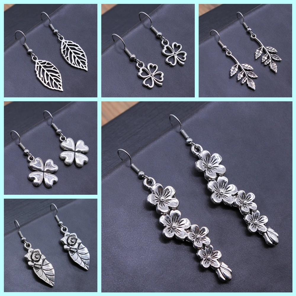 Vintage Simple Antique Silver Color Clover Leaf Branch Tree Dangle Earring For Women Girl Gift Flower Branch Dangle Earrings