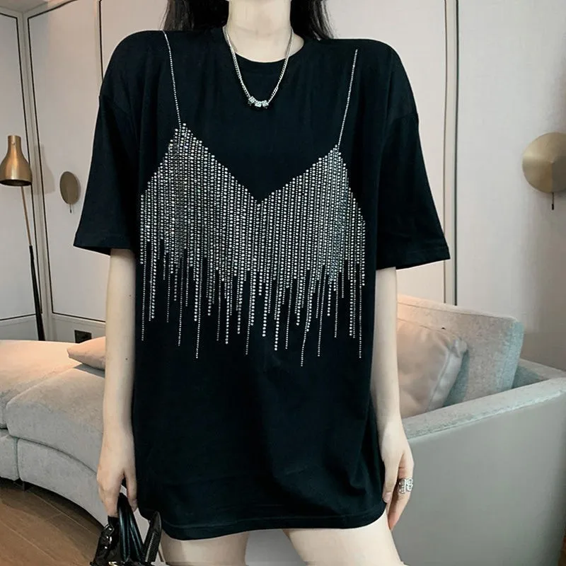 4XL Plus Size Summer Diamond Short Sleeve Loose T Shirt For Women Casual Streetwera T-shirt Lady Chic Camisole Pattern Tee Top