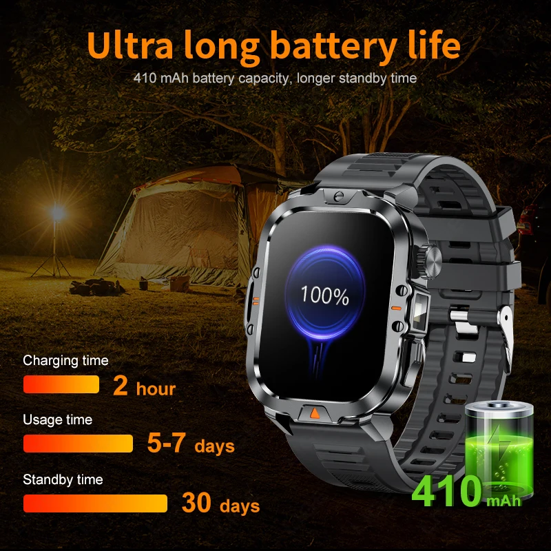LIGE 2.01 Inch LED Flashlight Smart Watch 410mAh Large Battery IP68 Waterproof 100+ Sports Modes Military Outdoor New Smartwatch