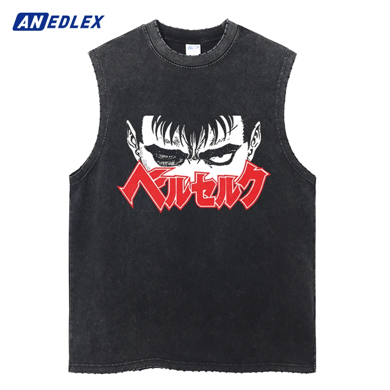 

Summer Men Washed Sleeveless Tank Tops Fashion Anime Print Graphic Casual Vest Hip Hop Streetwear Harajuku Cotton Vintage Vests