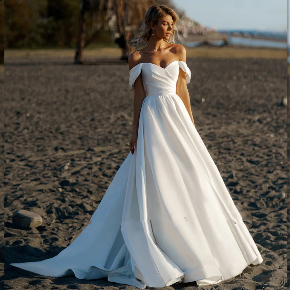 

I OD Simple A-Line Wedding Dress Sweetheart Off The Shoulder Sleeveless Backless Pleat Floor Length Bridal Gown Vestido De Novia