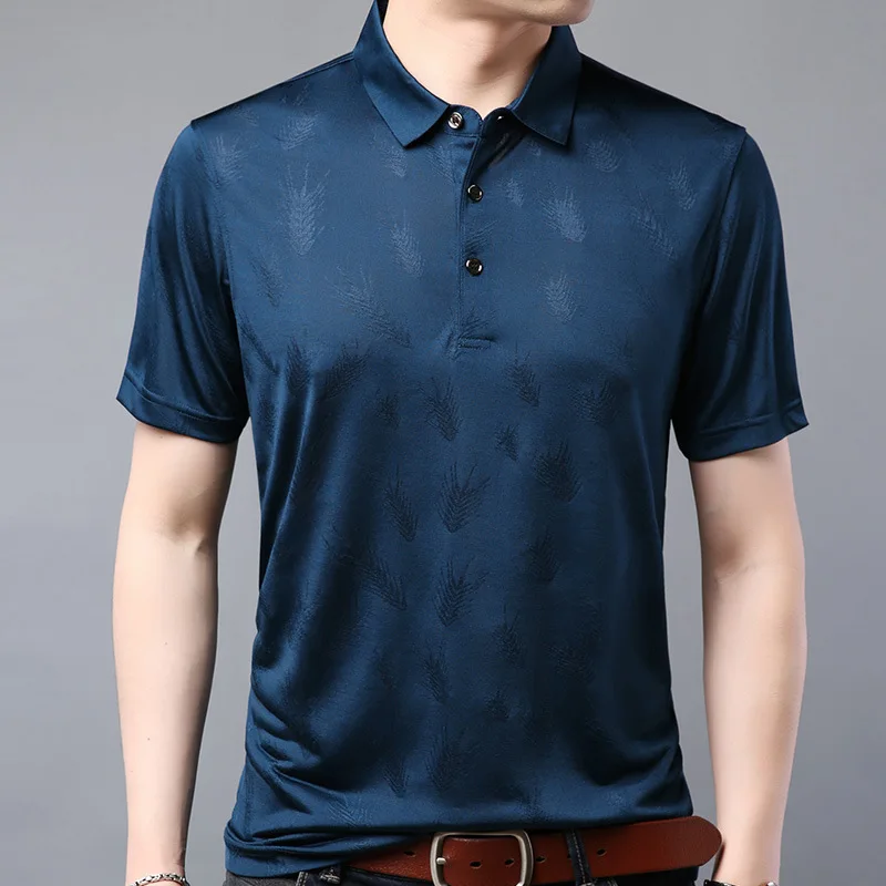 

2022 Summer Golf Men's Polo Shirts Luxury Mulberry Silk Business Casual Jacquard Thin Male T-shirts Short Sleeve Man Tees 3XL