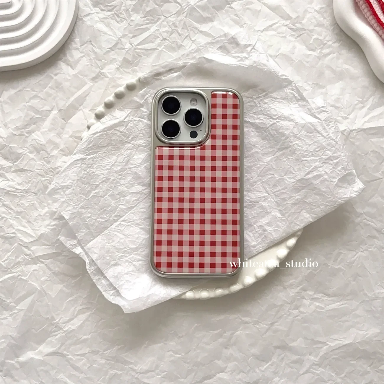 Korean Red Grid Electroplating Drip Glue Phone Case - Y2K Inspired Cover