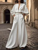 Yeezzi Women's White Wide Leg Jumpsuit With Belt 2025 New Half Sleeves Loose Deep V-Neck Elastic High Waist Elegant Jumpsuits
