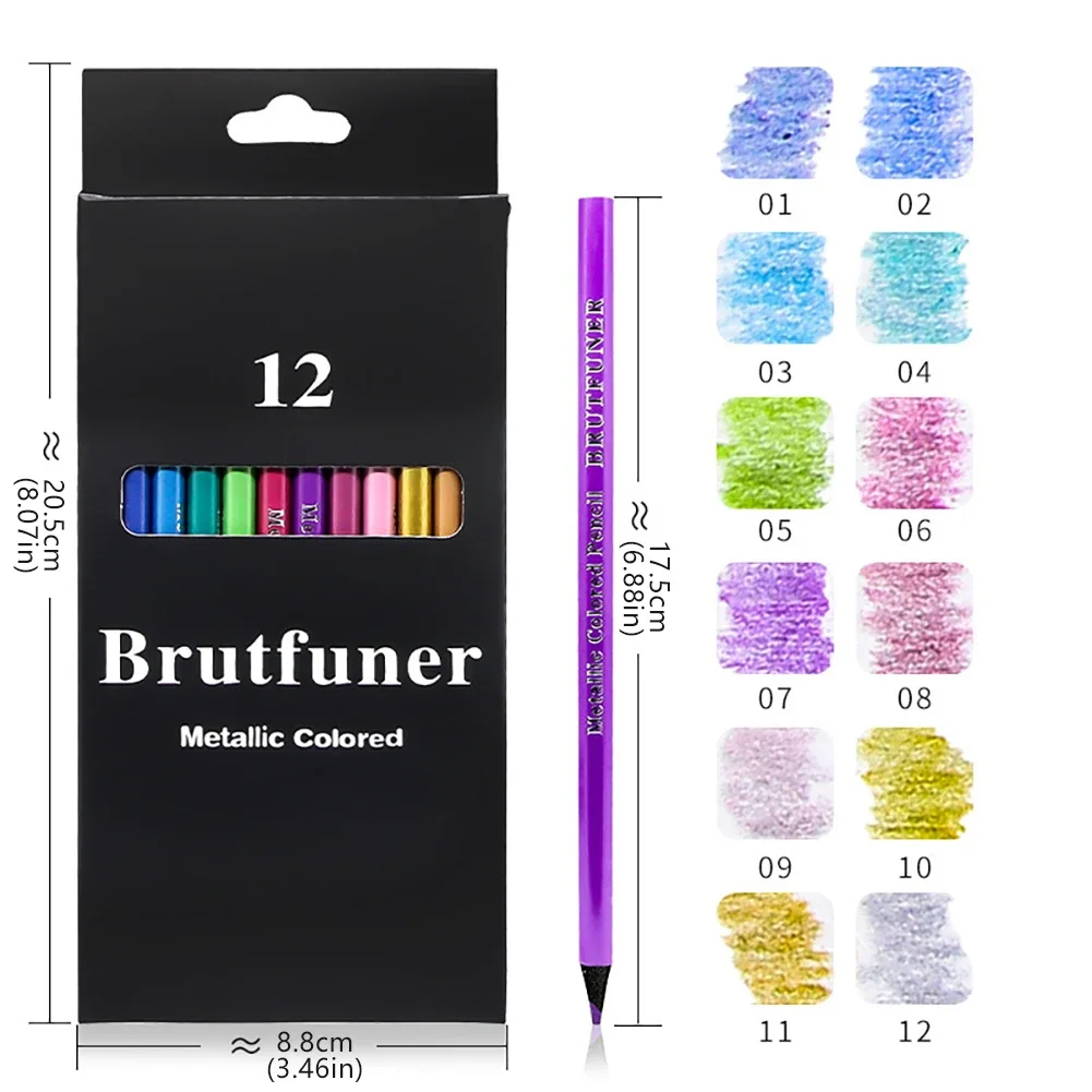 12 색 메탈릭 색연필 드로잉 스케치 세트 색칠 색연필 Brutfuner 직업 예술가를위한 미술 용품