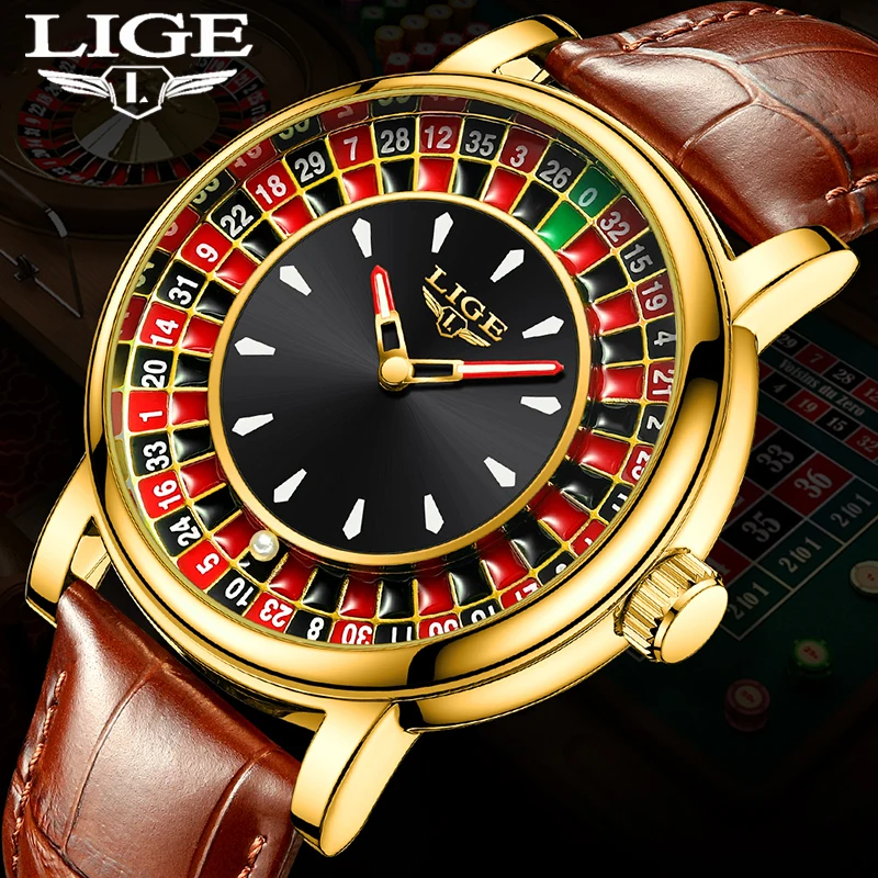 LIGE New Fashion Brown Leather Watch For Men Top Brand Luxury Waterproof Arabic Numeral Rotating Game Dial Quartz Men's Watches