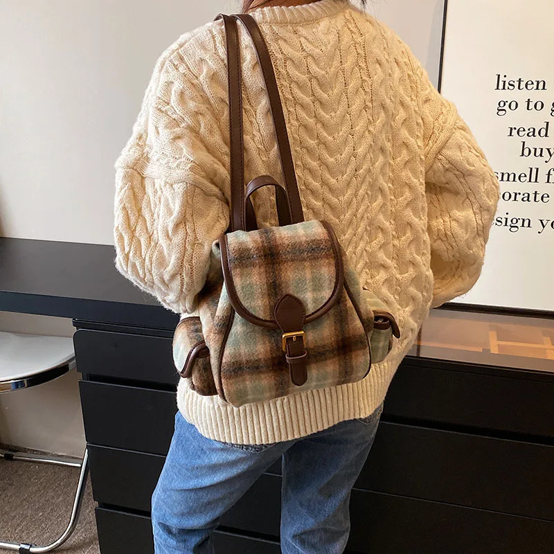 New Fashion Designer Double Root College Student Backpack 2023 Winter Woolen Lattice Small Backpack Female Girl Shoulder Bag