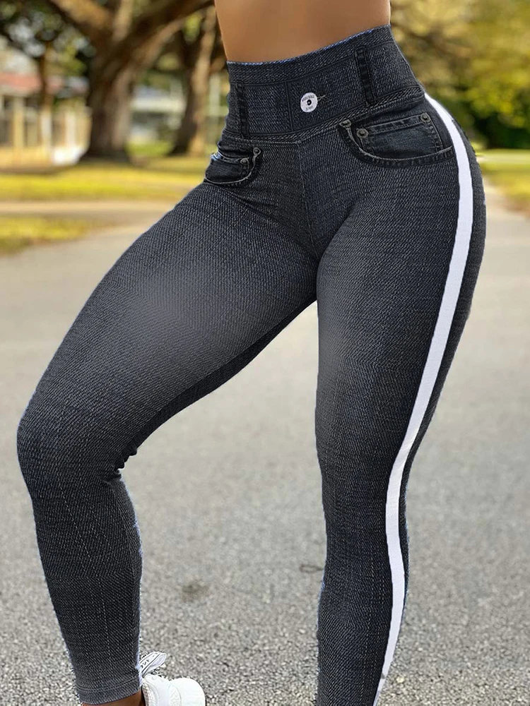 

Push Up Trousers Elastic Fashion High Waist Leggings Female Workout Skinny Pencil Pants Running Leggins Blue Faux Jeans