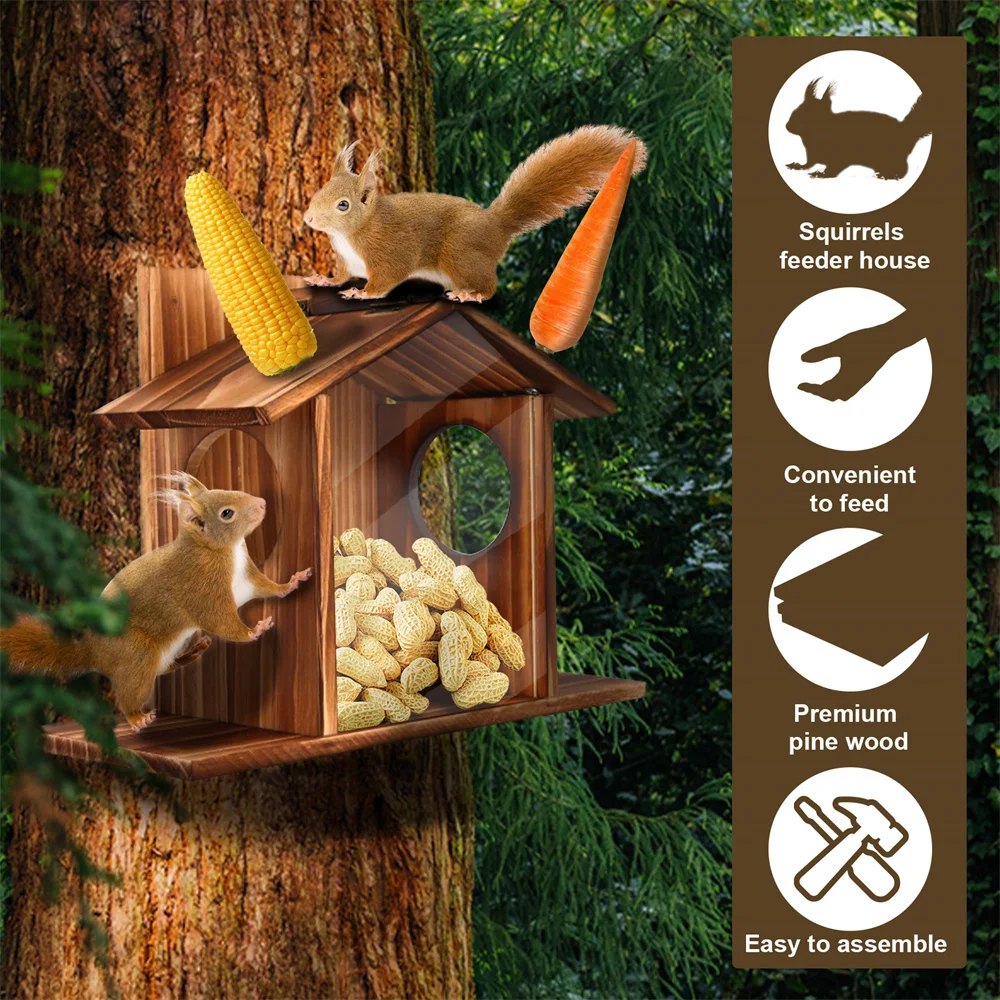 Garden Tree Squirrel Feeder Wood House Picnic Table Food Feeding Station Box - Image 3