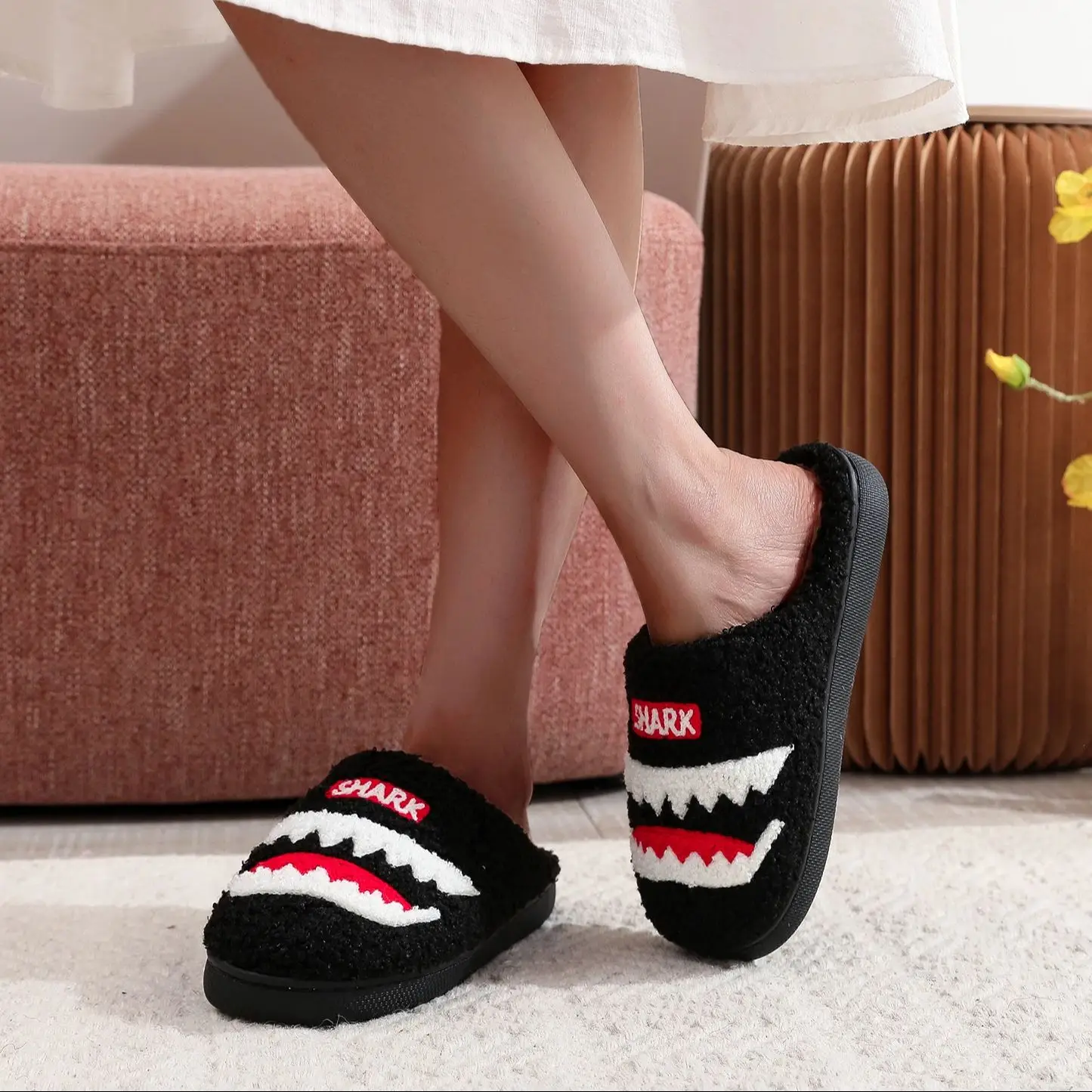 Shark Pattern Embroidery stuffed Home Platform Cozy Fur Slippers Black Warm Non-slip Indoor Slippers Couple Men Women Wearable casual Slippers 6