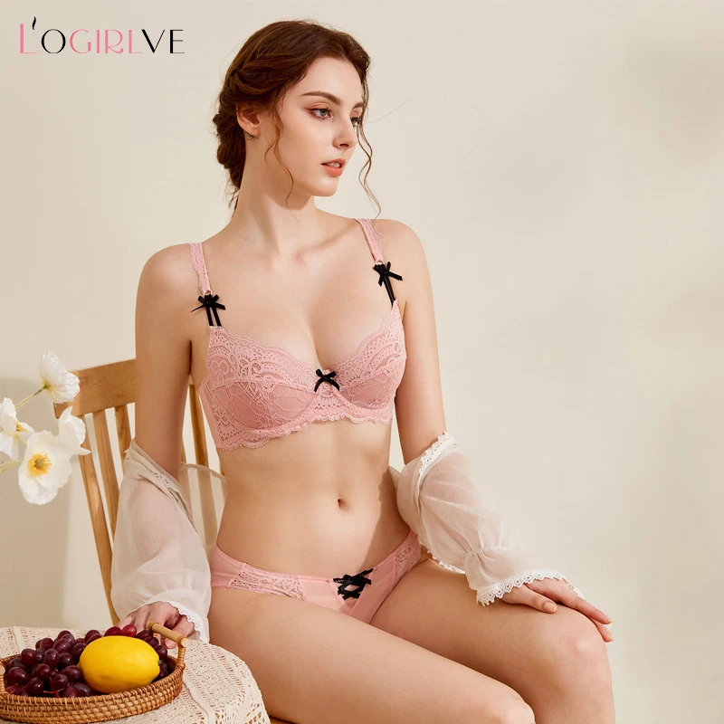 Logirlve Ultrathin Underwear Sexy Bra Set Plus Size 38 40 Lace Bra Embroidery Women Transparent Lingerie Set Brand Brassiere