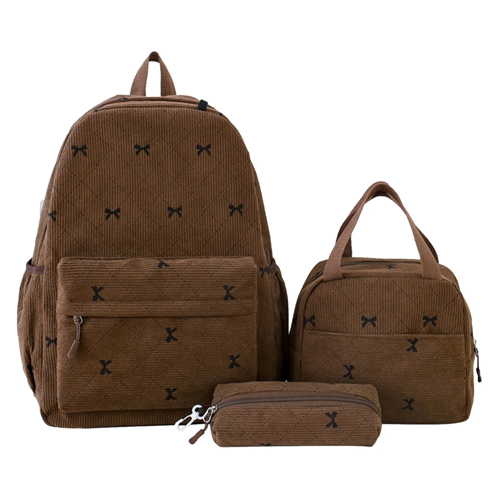 코듀로이 귀여운 리본 책가방(런치백 포함) & 여학생 여성 캐주얼 하이-대학생용 미적 감각의 백팩