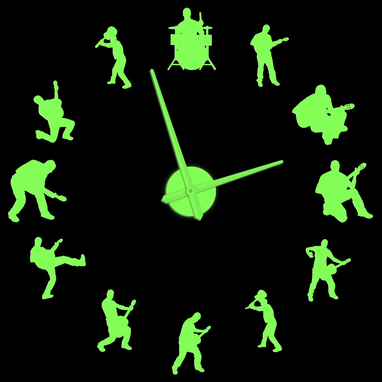 

Drummer Music Rock Band Luminous Wall Clock Guitar Player Silhouette Fremeless DIY Stickers Oversized Wall Watch Guitarist Gift