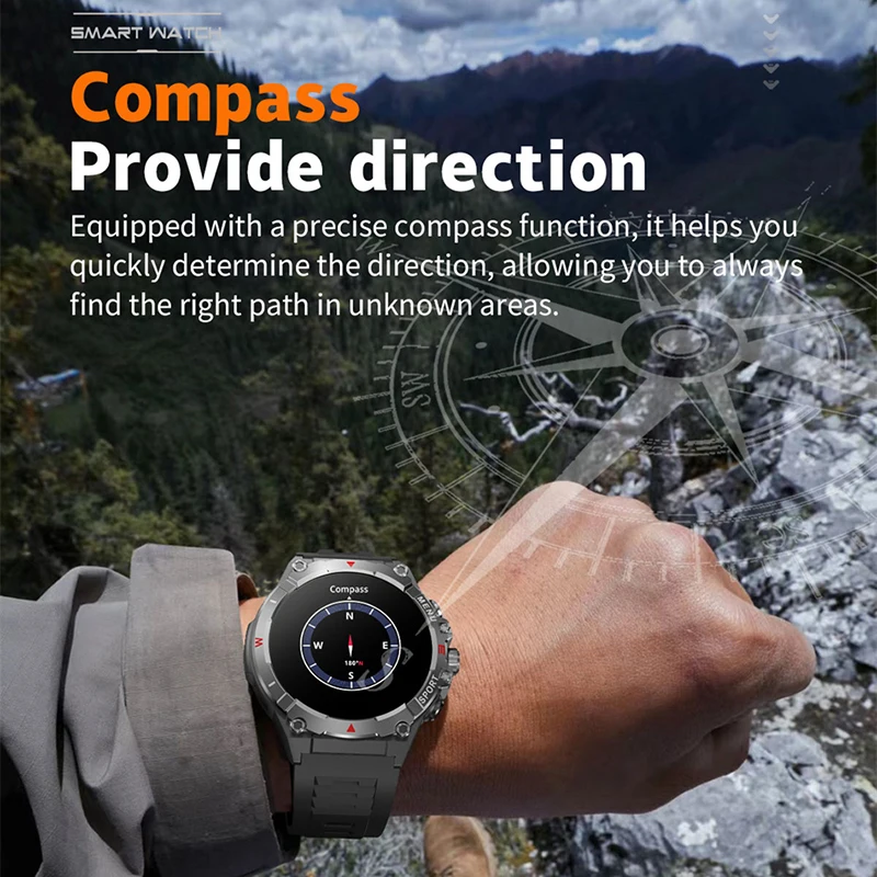 2025 NEW Compass Smart Watch 1.43 inch AMOLED Always on Display Clock Bluetooth Call 500mah battery IP68 Waterproof Smartwatch