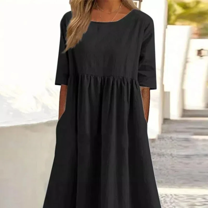 Summer New Cotton and Linen Casual Short Sleeve Pocket Fold Loose Round Neck Women's Dress 300