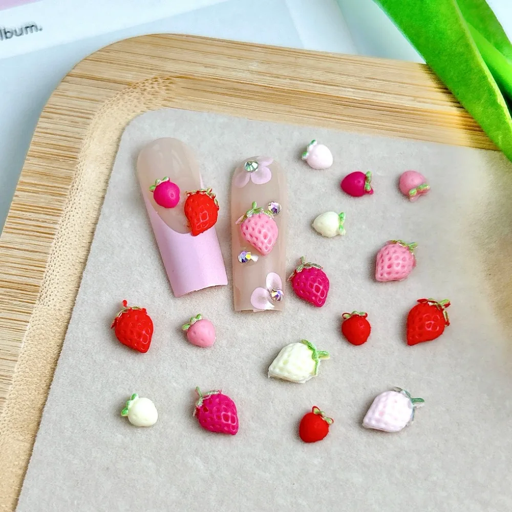 50PCS Resin Strawberry Nail Decorations Macaron Colored Cartoon Nail Art Charms Nails Crafts Simulated Strawberry Nail Stickers