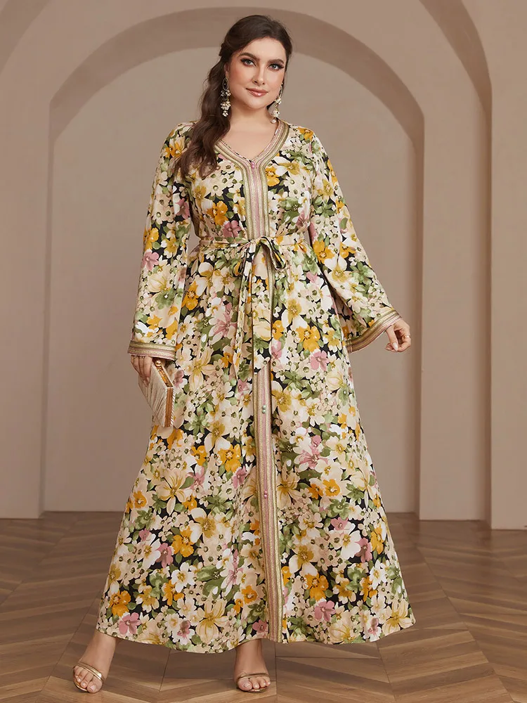 

Floral Print Loose Ladies Dress Fashion Muslim Women Jalabiya Ramadan Arab High Quality Feminine Clothes Belted Dress Plus Size