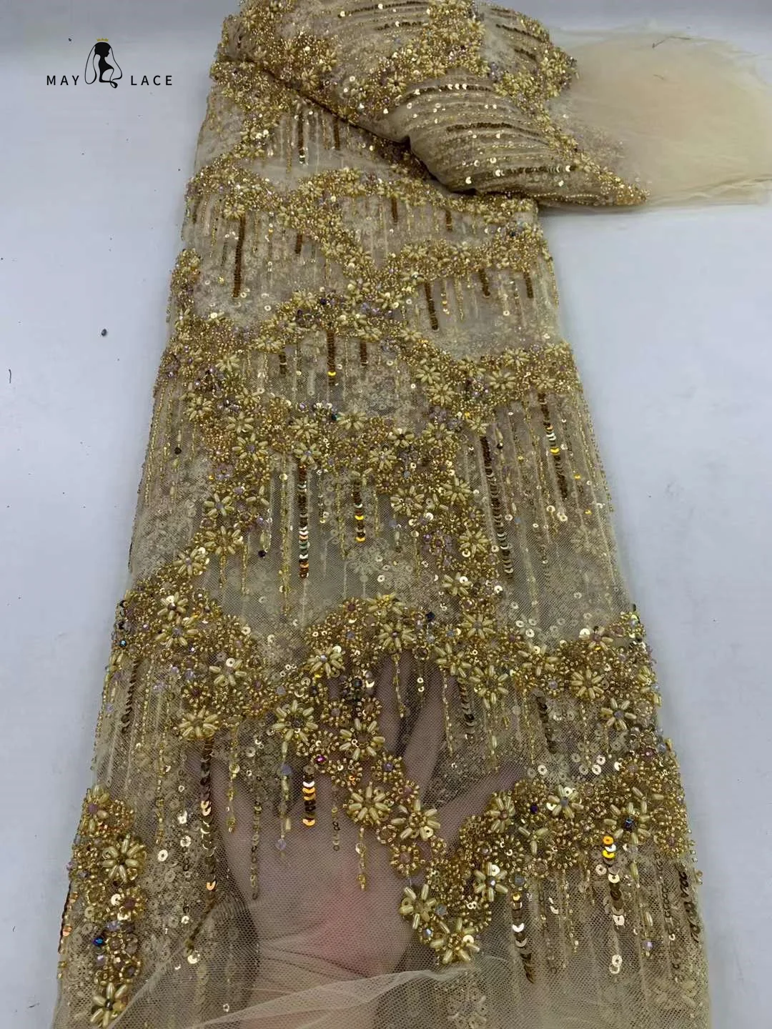 

Luxurious Gold Nigerian French Groom Lace Fabric 2024 High Quality Sequins Beaded Embroidery African Net Lace Fabric For Dresses