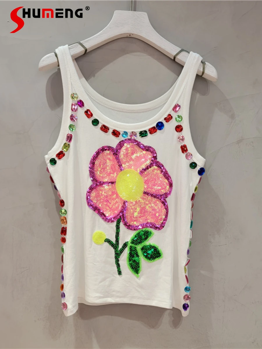 

Fashion Diamond Three-Dimensional Cute Flowers Vests Female 2024 Summer Sleeveless Outer Wear Tops Sequins Nice Women’s Clothes