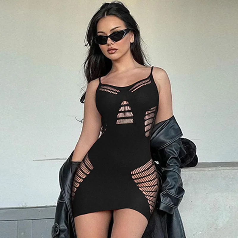 

2023 Solid Sleeveless Straps Cut Out Sexy Bodycon Skinny Mini Dress Summer Women Y2K Clothes New Streetwear Causal