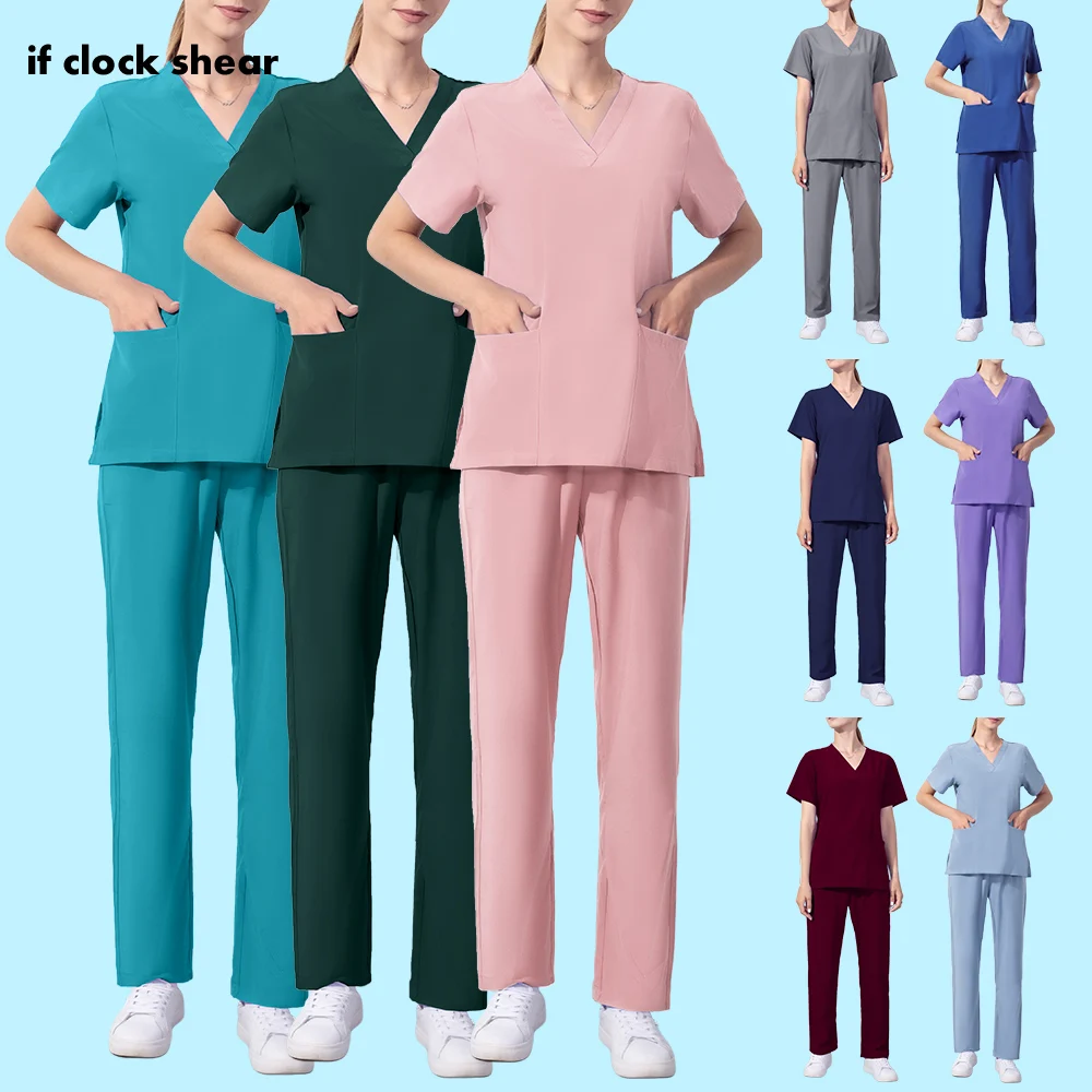 Unisex Solid Color Nursing Scrub Women Uniform Elasticity Casual Nurse Uniforms Clinical V-neck pet hospital Doctor Work Clothes