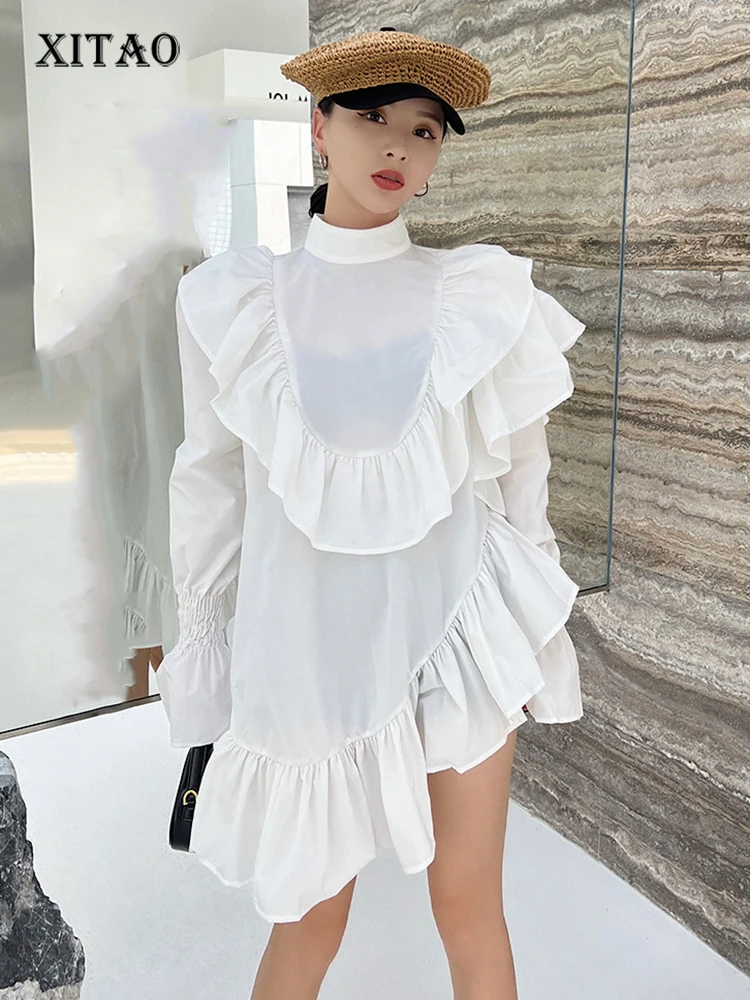 

XITAO Irregular Flounced Edge Shirt Stand Collar Flare Sleeve Solid Color Temperament Pullover Women New 2024 Spring HQQ2233