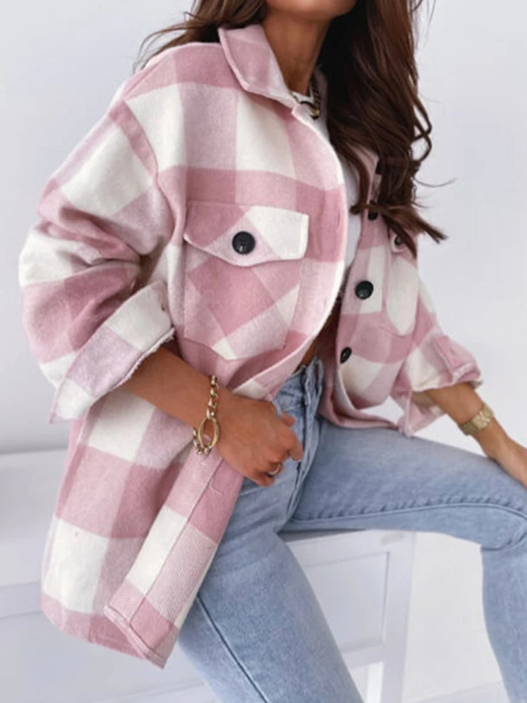 

Женская винтажная клетчатая рубашка, осенне-зимнее повседневное пальто с длинным рукавом, женское элегантное модное свободное однобортное пальто