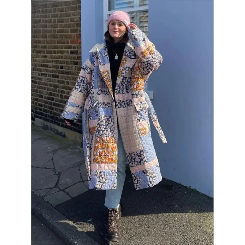 

Fashion Printed Floral Long Cotton Coats With Belt Women Long Sleeve Thicken Warm Jacket 2023 Winter New Female Street Outwears