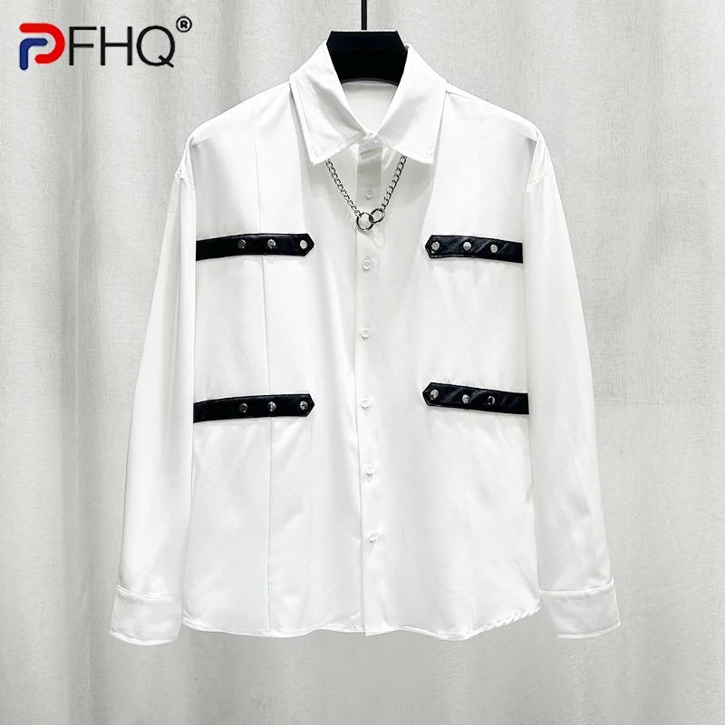

PFHQ Splicing Belt Rivet Shirts Men's Casual Loose Long Sleeved Single Breasted Advanced Comfortable Male Tops Summer 21Z4238