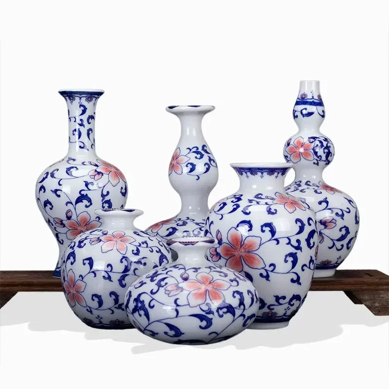 

Маленькая керамическая ваза для сушеных цветов, украшение для дома в этническом ретро стиле, сине-белый фарфор, с композицией для цветов