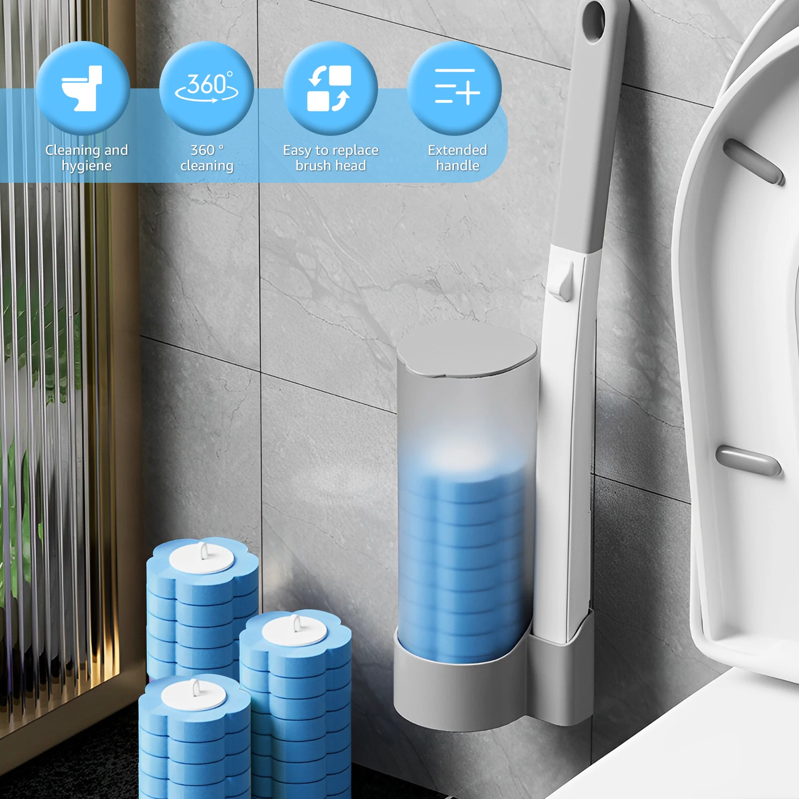Toilet Brush Disposable Replacement Head Set with Long Handle